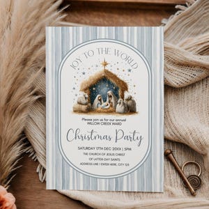 May include: A Christmas party invitation with a watercolor illustration of the nativity scene. The invitation has a blue and white striped background and includes the text "Joy to the World" and party details.