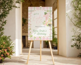 Pink Lucky One 1st Birthday Welcome Sign, First Birthday st patricks Theme, Editable Printable Poster, template
