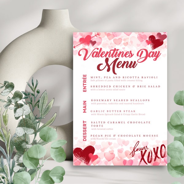 Menu di San Valentino - Modello romantico per menu di San Valentino - Design Canva modificabile per una celebrazione memorabile