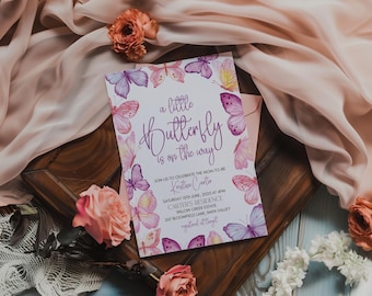 Butterfly Baby Shower Invitation, Butterfly Invitation Template, Girl Baby Shower, Butterflies Flowers  editable template, instant download