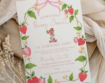 Someone Berry Sweet Is Turning One Invitation, Strawberry First, Berry First Birthday Invite, Editable Template, Berry Sweet Birthday