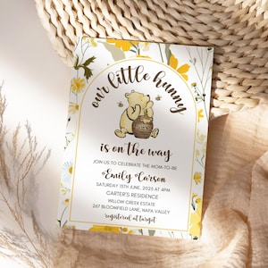 Wildflower Winnie The Pooh Baby Shower Invitation Template, editable winnie the pooh invitation, Vintage winnie baby shower invite