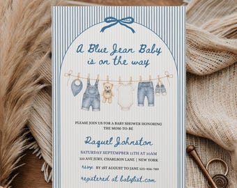 Einladung zur Babyparty im Jeans-Look, Einladung zur Denim-Babyparty, Ein Baby im Jeans-Look ist unterwegs, Canva-Vorlage für Jungen, bearbeitbare Einladung