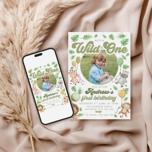 Invitación de cumpleaños de Wild One Safari: Animales de la selva (Plantilla Canva descargable digitalmente)