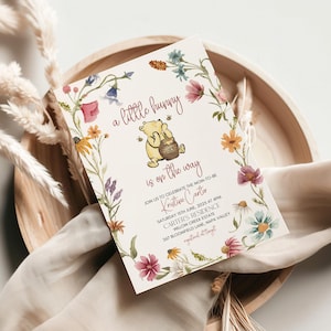 Wildflower Winnie The Pooh Baby Shower Invitation Template, editable winnie the pooh invitation, Vintage winnie baby shower invite