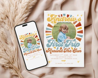 Retro Boho Sun 1st Birthday Invitation, First Trip Around the Sun (Digital Download)