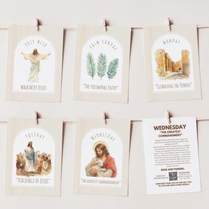 May include: A collection of six beige cards, each clipped to a string with small wooden pegs, featuring religious imagery and text. The cards display illustrations of Jesus, palm leaves, and ancient buildings, with titles such as "Holy Week" and "Palm Sunday."