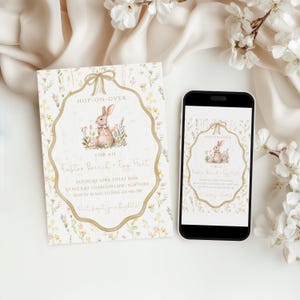 May include: An Easter-themed invitation and a smartphone displaying the same design. The invitation features a bunny illustration within a gold-colored frame, with text that reads "Hop-On-Over" and details for an Easter Brunch and Egg Hunt.