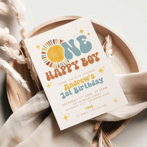 One Happy Boy Birthday Invite, 1st Birthday Invitation Boy, First Birthday Invitation, Retro Sun Invitation, Sunshine, Boho One Happy Boy