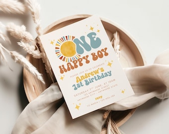 Retro Sunshine 1st Birthday Invitation Boy - Boho One Happy Boy (Canva Template)
