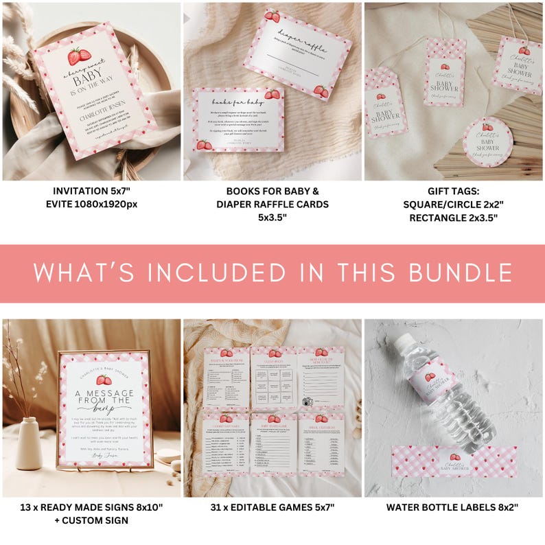 May include: A digital printable bundle for a baby shower with a strawberry theme. The bundle includes an invitation, gift tags, games, signs, and water bottle labels. The text on the invitation reads "Announcement: Baby is on the way".