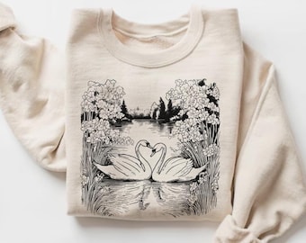 Sweat cygnes blancs, pull oiseau, col rond nature, pull observation d'oiseaux, cadeau pour amateur d'oiseaux