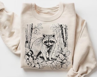 Raccoon Sweatshirt, Cottagecore Outfit, Wildlife Crewneck, Woodland Creatures Pullover, Retro Animal Sweater