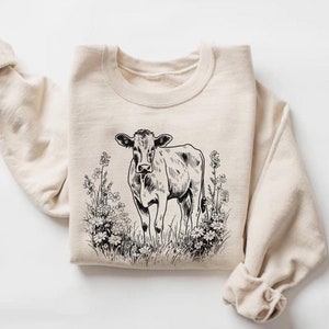 Cute Cow in a Field of Flowers Sweatshirt, Animal Lover Gift, Floral Sweater, Farm Life Apparel, Gift for Cow Farmer, Farm Animal Pullover