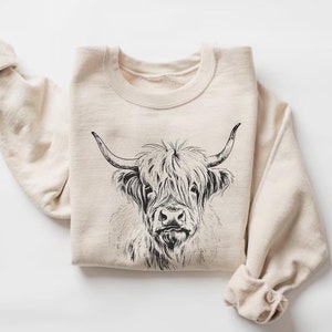 Highland Cow Sweatshirt, Cute Cow Illustration, Western Apparel, Country Sweater, Farm Animal Clothing, Cow Lover Gift
