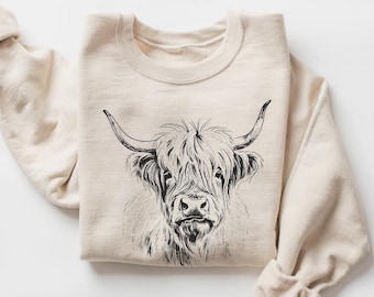 Highland Cow Sweatshirt, Cute Cow Illustration, Western Apparel, Country Sweater, Farm Animal Clothing, Cow Lover Gift