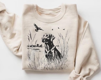 Black Labrador Retriever Hunting Scene Sweatshirt, Retro Lab Sweater, Unisex Duck Hunting Pullover