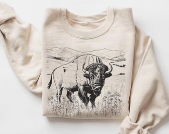 Buffalo in the Wild Crewneck Sweatshirt, Retro Bison Graphic, Vintage Western Style, Animal Lover Gift