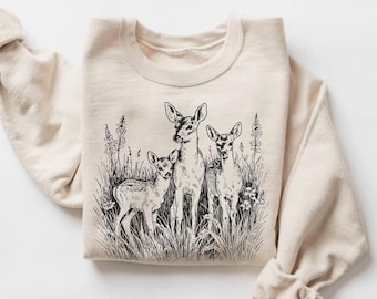 Doe and Fawns Crewneck Sweatshirt, Mama Deer Sweater, Nature Lover Gift, Wildlife Animal Pullover