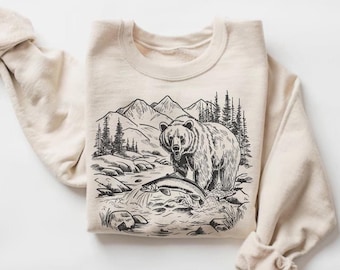 Sweat-shirt scène de pêche grizzly, pull animal rétro, cadeau pour amoureux de la nature en plein air, pull unisexe