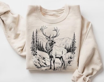 Sweat rétro wapiti dans la nature, pull animal de style vintage, cadeau pour amoureux de la nature, col rond animalier