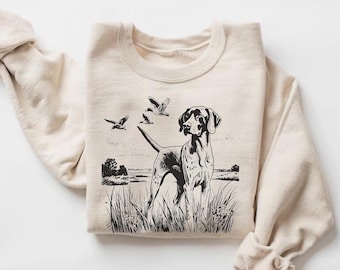 Sweatshirt ras du cou allemand à poil court, pull de chasse au canard rétro GSP, pull scène de nature chien