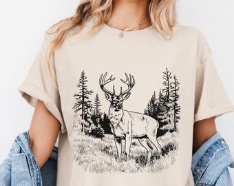 Weißwedelhirsch T-Shirt, Hirsch in freier Wildbahn Grafik T-Shirt, Jagd Shirt, Natur Wildtier Szene T-Shirt, Land Naturbursche Geschenk, rustikales Hirsch T-Shirt
