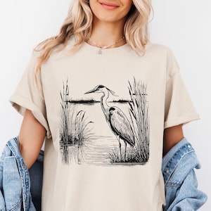 Great Blue Heron Marsh Scene T-Shirt, Retro Wildlife Art Shirt, Birding Bird Watching Apparel, Blue Heron Clothing, Gift for Bird Lover