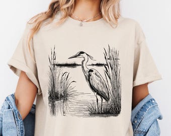Great Blue Heron Marsh Scene T-Shirt, Retro Wildlife Art Shirt, Birding Bird Watching Apparel, Blue Heron Clothing, Gift for Bird Lover