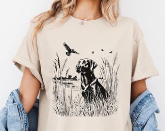 Schwarzes Labrador Enten-Jagd-Shirt, Labrador-Retriever-T-Shirt, Wasservögel-Jagd-Hund-T-Stück, Naturbursche Geschenk, Hundeliebhaber-Grafik-Hemd