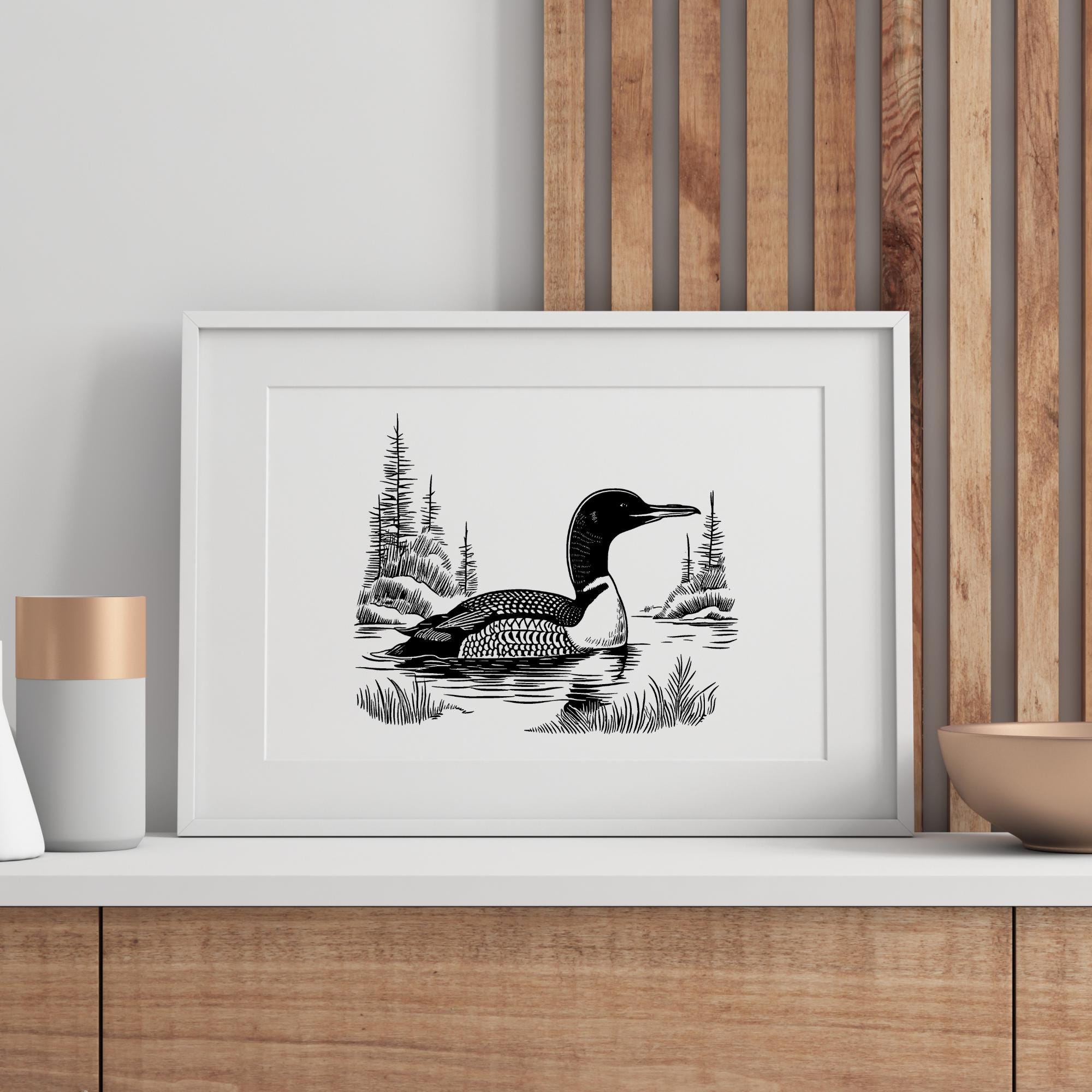 Loon Scene Loon Wildlife Scene SVG Bundle, Loon Bird Sketch PNG File, Animal Line ...