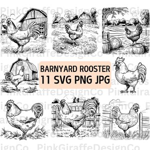 Hahn & Barn Farm Szene SVG-Datei, Detaillierte Hahn Skizze PNG-Datei, Barnyard Huhn Vektor-Datei, Vogel Illustration, Bauernhof Clip Art