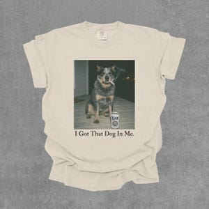T-shirt featuring a retro-style photo of an unbothered australian cattle dog sitting on a porch with humorous meme energy and the caption ‘I Got That Dog In Me'
