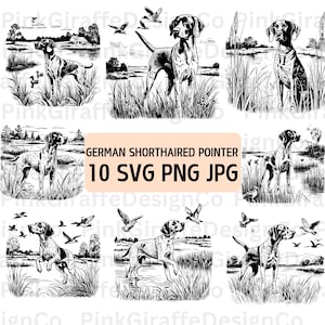 Paquete SVG de escena de pantano de pointer alemán de pelo corto, paquete PNG de caza de patos, ilustración de perro de caza, clip art de silueta de perro mascota