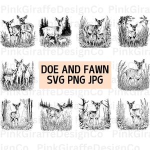 Paquete SVG de ciervo y cervatillo, descarga digital de archivo vectorial de ciervo, ciervo bebé en el bosque PNG, ilustración digital de arte lineal,