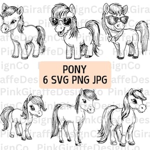 Niedliches Pferd SVG-Bundle, Cartoon Pferd PNG-Datei, doofe Pony Linie Kunst Grafik, Tierskizze Clip Art, Mini Pferd SVG für Cricut