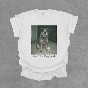 T-shirt featuring a retro-style photo of an unbothered australian cattle dog sitting on a porch with humorous meme energy and the caption ‘I Got That Dog In Me'