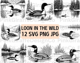 Loon Wildlife Scene SVG-bundel, Loon Bird Sketch PNG-bestand, Animal Line Art