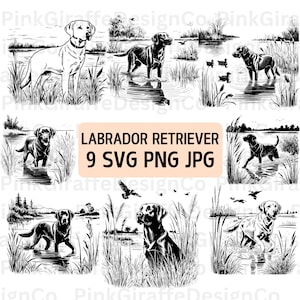 Fichier SVG chasse canard labrador retriever, fichier PNG de chien de chasse colvert colvert, croquis graphique de laboratoire noir, dessin d'art au trait labo jaune