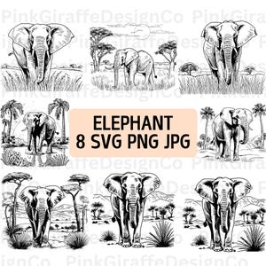 May include: A set of eight black and white illustrations of elephants in various poses, with some standing in a savanna landscape with palm trees and others standing in a savanna landscape with mountains in the background. The text "ELEPHANT 8 SVG PNG JPG" is at the top of the image.