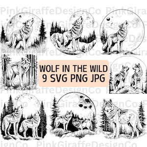 Bundle SVG de scène de nature sauvage de loup, fichier PNG de loup hurlant, fichier vectoriel de loup et de la lune, dessin au trait animaux de la forêt, Illustration de meute de loups