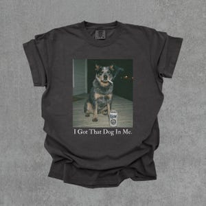 T-shirt featuring a retro-style photo of an unbothered australian cattle dog sitting on a porch with humorous meme energy and the caption ‘I Got That Dog In Me'