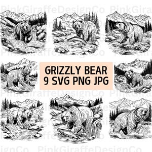 May include: A set of nine black and white illustrations of grizzly bears fishing for salmon in a mountain stream. The bears are drawn in a realistic style, with detailed fur and musculature. The illustrations are perfect for use in a variety of projects, such as t-shirts, mugs, and posters.
