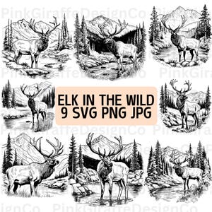 Bundle SVG de scène sauvage de taureau wapiti, fichiers PNG de scène de montagne Nature, fichier vectoriel wapiti, Illustration animale, clipart de la faune