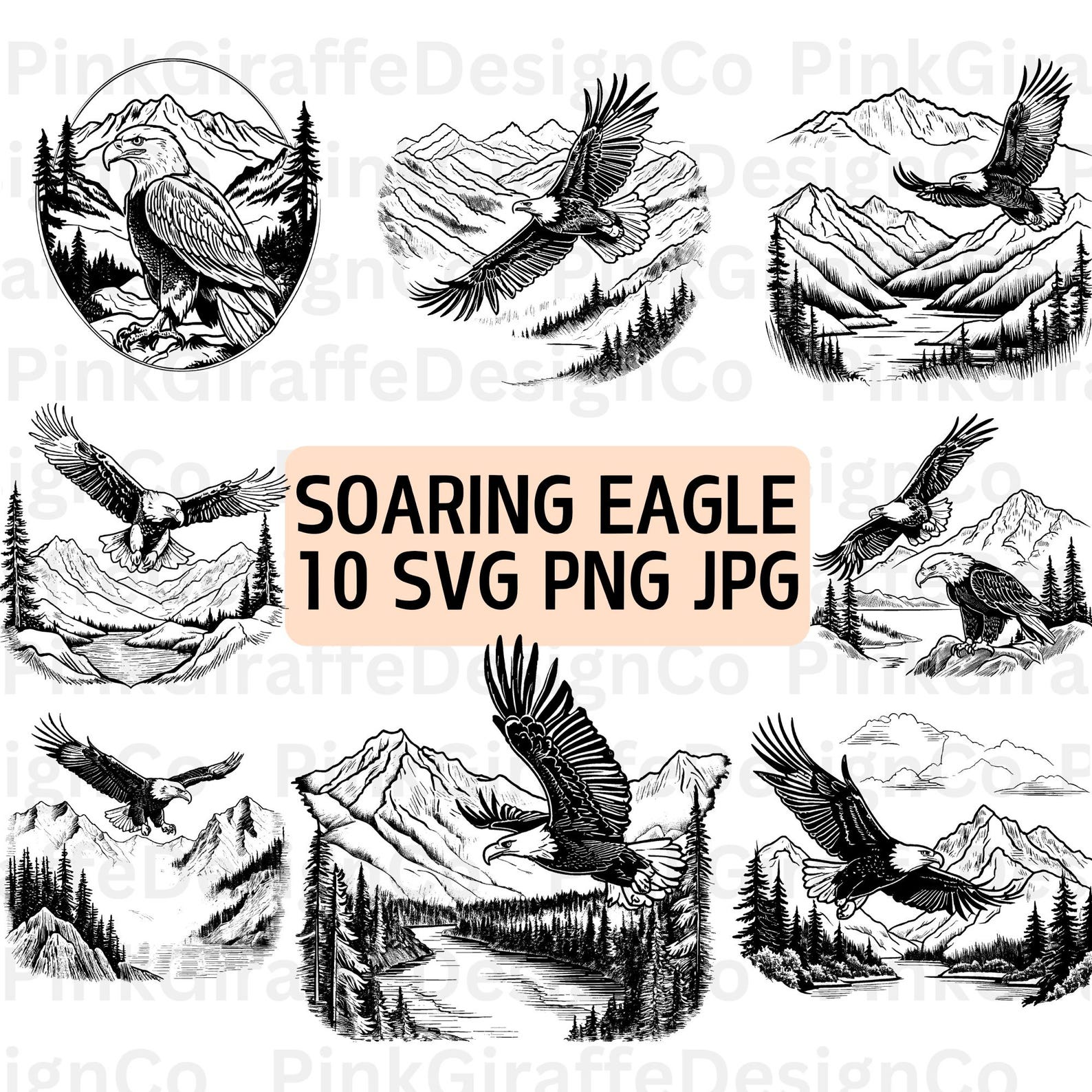 Flying Eagle SVG Bundle, Bald Eagle Wilderness Scene PNG, Soaring Bird ...
