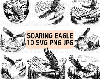 Flying Eagle SVG Bundle, Bald Eagle Wilderness Scene PNG, Soaring Bird Line Art