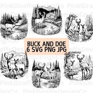 Herten wildernis scène SVG-bundel, vintage bok en damhinde png-bestanden, wildlife vectorafbeelding, bos dieren illustratie, herten lijntekeningen schets