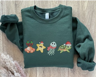 Marine Life Christmas Sweatshirt, Cute Marine Life Shirt, Christmas Sea Turtle Sweatshirt, Sea Animals Christmas Sweater, Ocean Crewneck