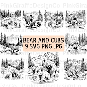 Puede incluir: Ilustración en blanco y negro de línea de un oso y sus cachorros en un entorno forestal. La familia de osos está de pie cerca de un arroyo con montañas en el fondo. El texto "BEAR AND CUBS 9 SVG PNG JPG" está en la parte inferior de la imagen.