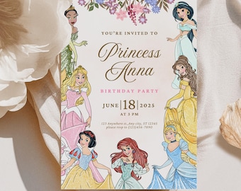 Modello di invito per festa di compleanno della principessa, festa reale rosa, compleanno delle ragazze, modello Canva, invito digitale, invito di compleanno, bambini